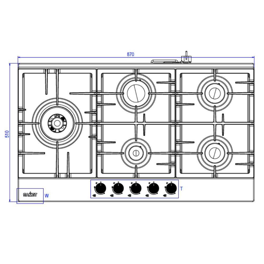 Piano Cottura gas 5 fuochi 90 cm acciaio inox Samet Nettuno90