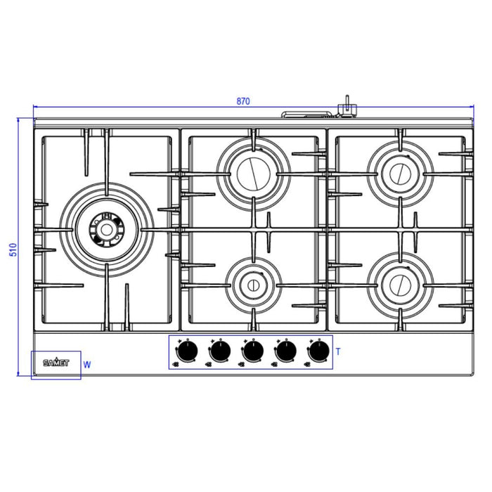 Piano Cottura gas 5 fuochi 90 cm acciaio inox Samet Nettuno90