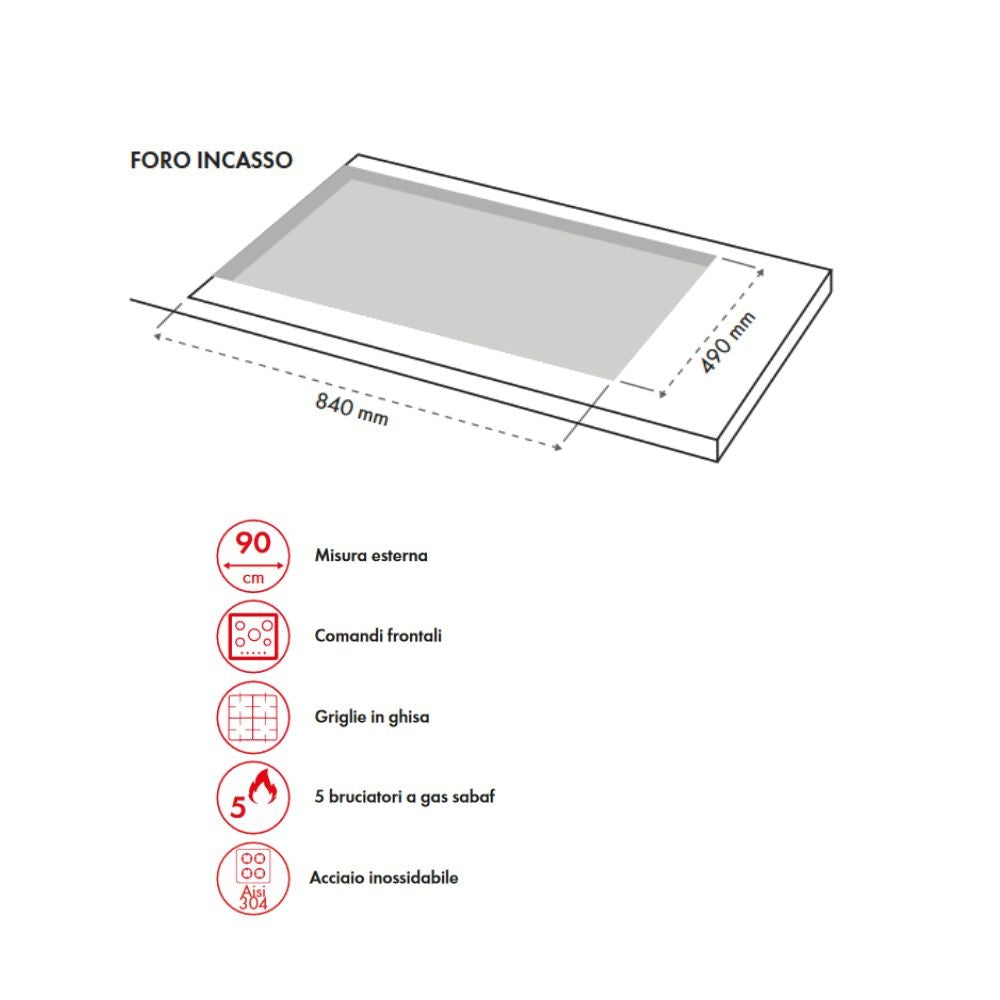 Piano Cottura gas 5 fuochi 90 cm acciaio inox Samet Nettuno90