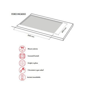 Piano Cottura gas 5 fuochi 90 cm acciaio inox Samet Nettuno90