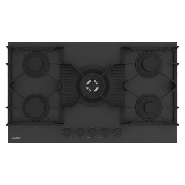 Piano cottura gas 5 fuochi 90 cm vetro temperato satinato nero opaco Samet Zacinto90