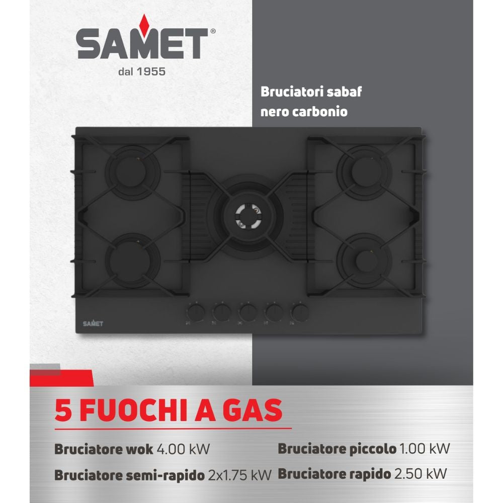 Piano cottura gas 5 fuochi 90 cm vetro temperato satinato nero opaco Samet Zacinto90