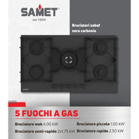 Piano cottura gas 5 fuochi 90 cm vetro temperato satinato nero opaco Samet Zacinto90