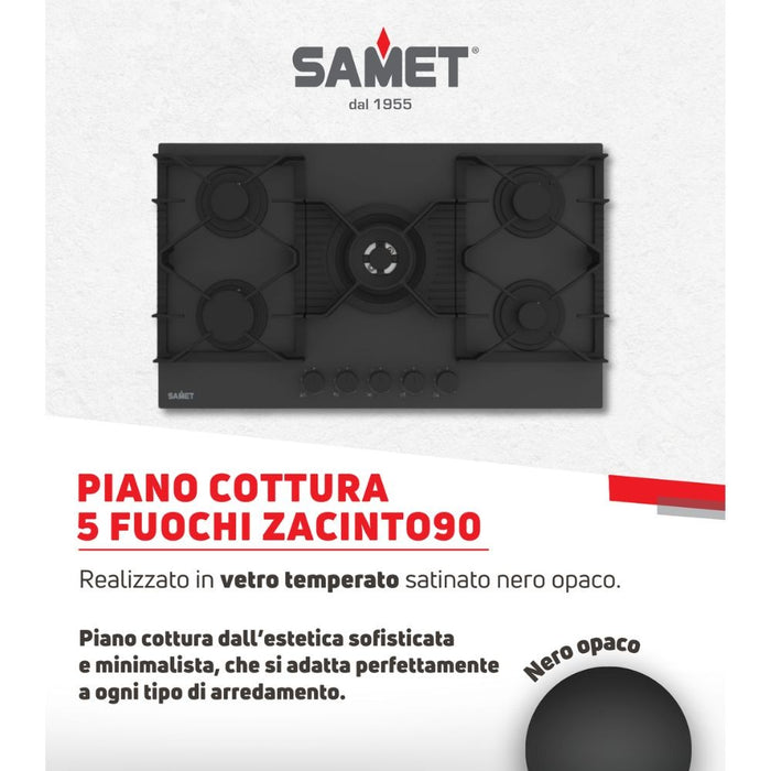 Piano cottura gas 5 fuochi 90 cm vetro temperato satinato nero opaco Samet Zacinto90