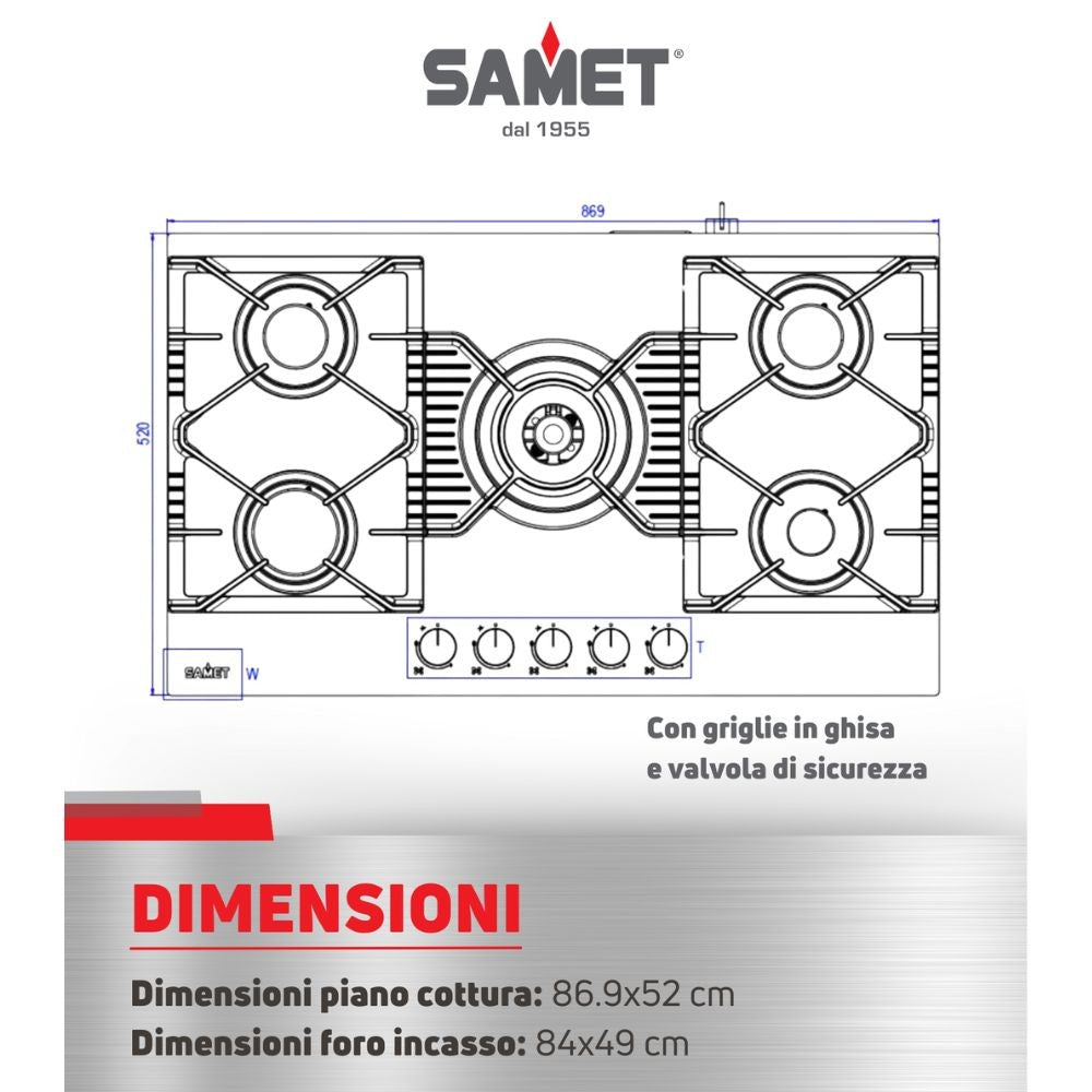 Piano cottura gas 5 fuochi 90 cm vetro temperato satinato nero opaco Samet Zacinto90