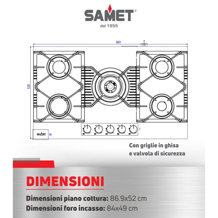Piano cottura gas 5 fuochi 90 cm vetro temperato satinato nero opaco Samet Zacinto90