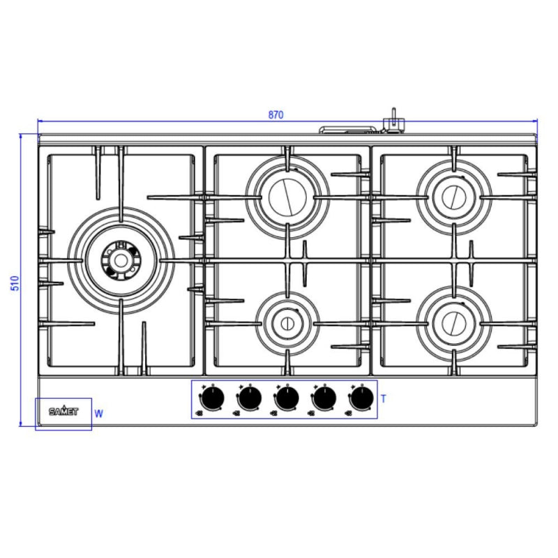 Piano cottura Samet Nettuno a gas da incasso 5 fuochi 90 cm. in acciaio