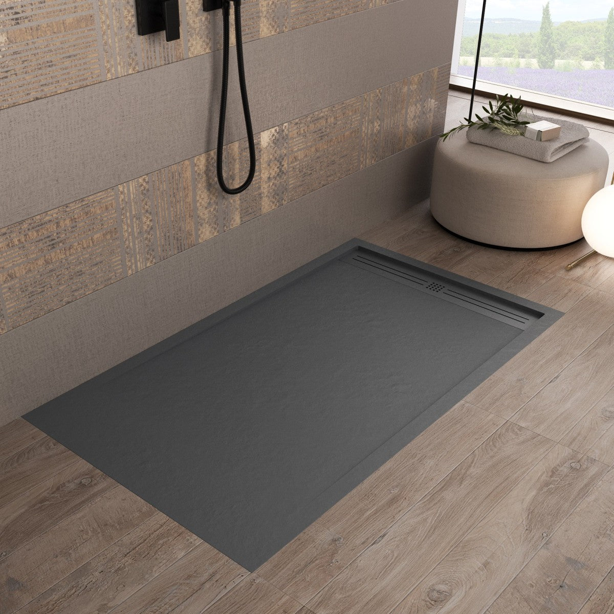 Piatto doccia in marmo resina grigio scuro pietra cemento grid, misura 70x110