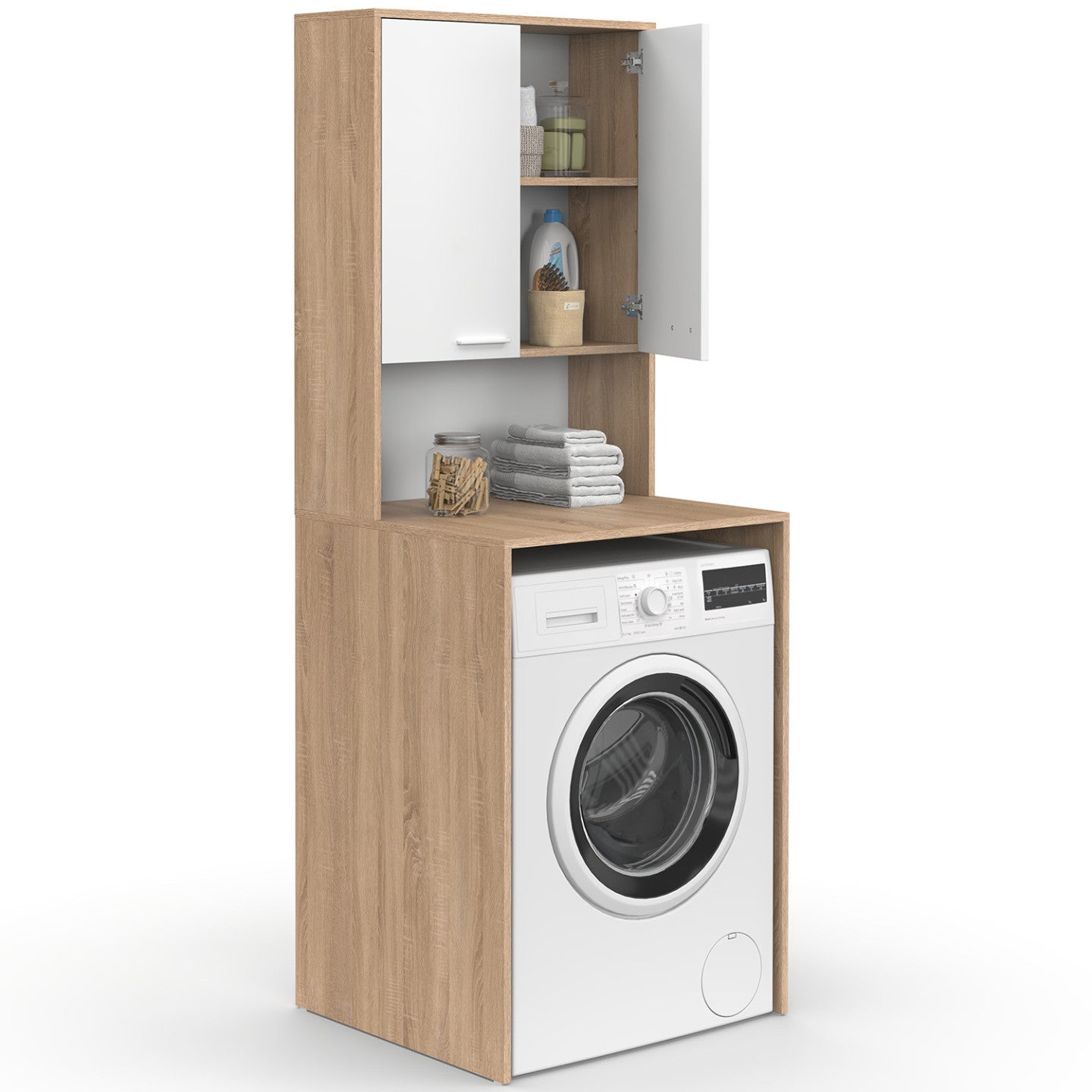 IDMarket - Piano lavatrice WALLIS con armadio in faggio e legno bianco