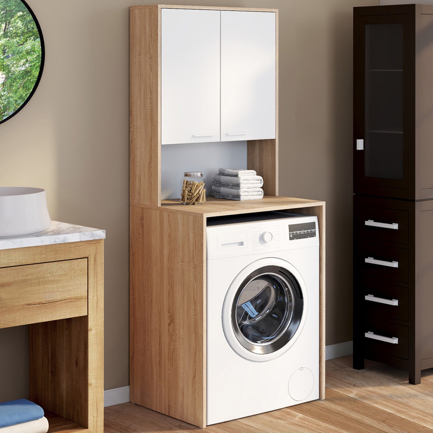 IDMarket - Piano lavatrice WALLIS con armadio in faggio e legno bianco