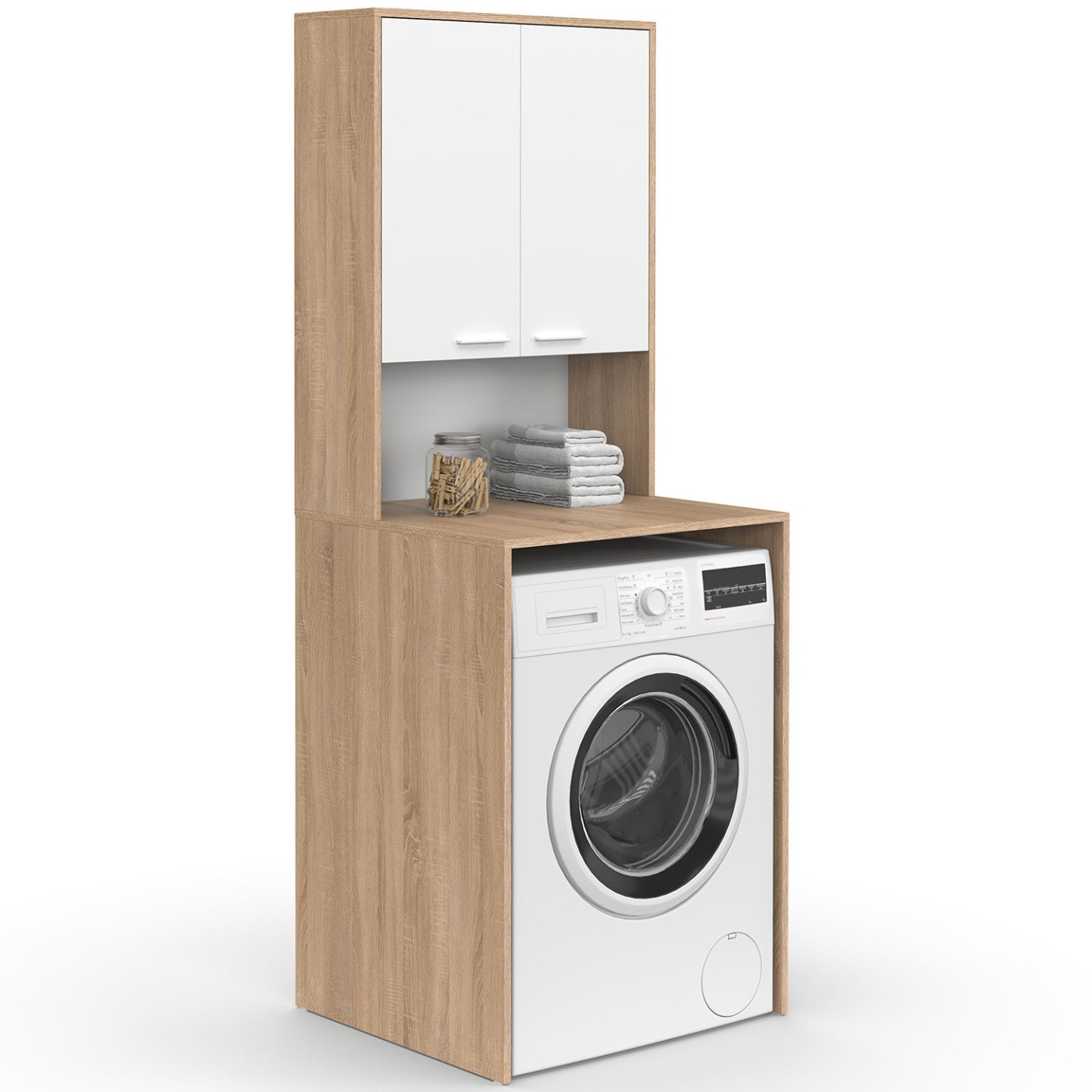 IDMarket - Piano lavatrice WALLIS con armadio in faggio e legno bianco