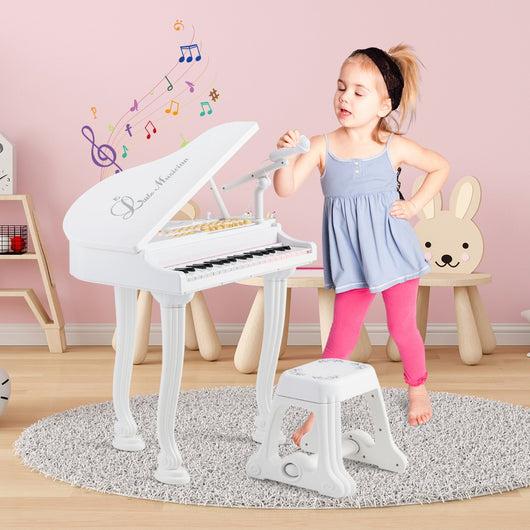 Tastiera a 37 tasti per bambini con sgabello, Pianoforte giocattolo multifunzionale portatile con microfono Bianco-Tastiere elettriche