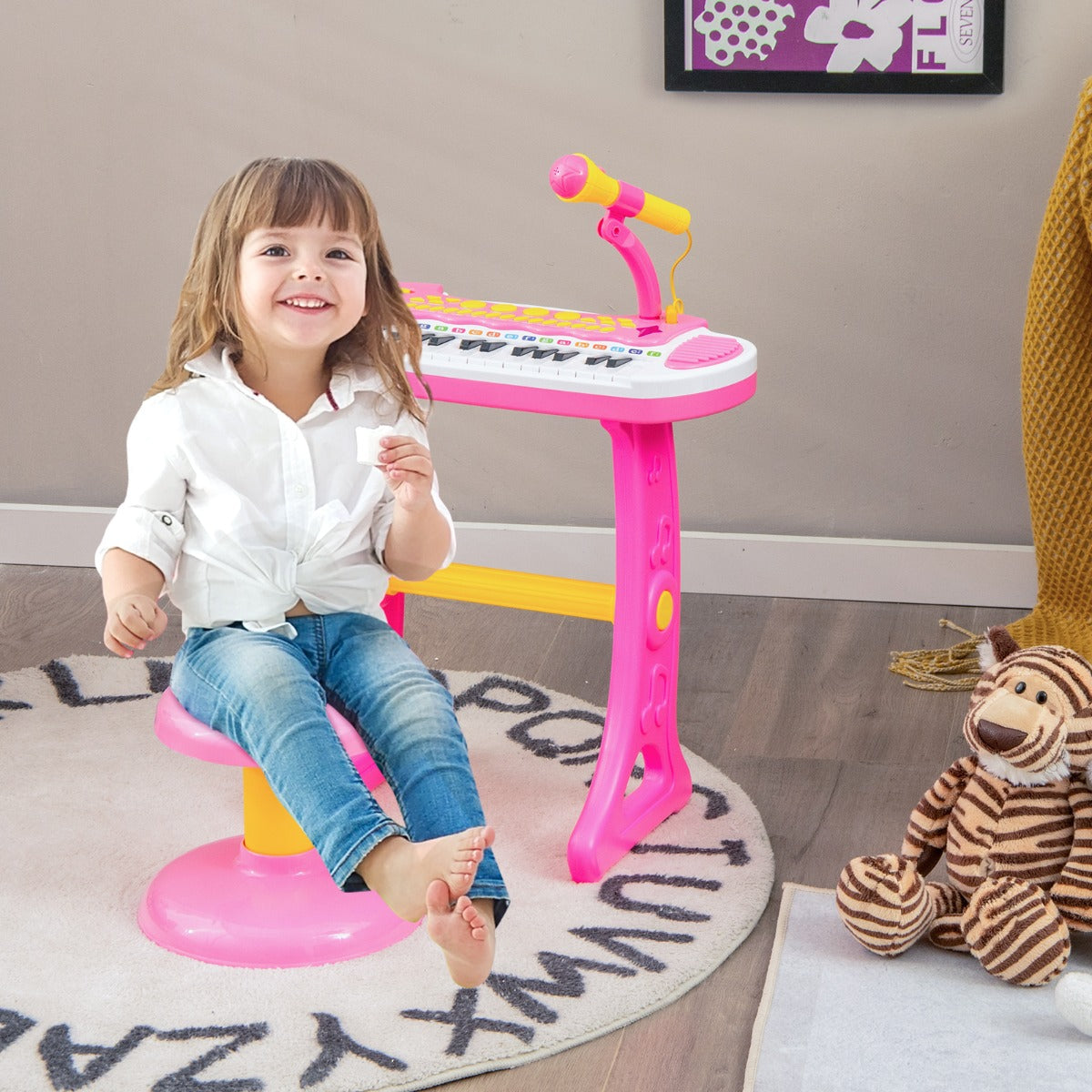 Pianoforte digitale per bambini 3+ anni con microfono e luci 31 tasti, Tastiera elettronica portatile Rosa-Tastiere elettriche