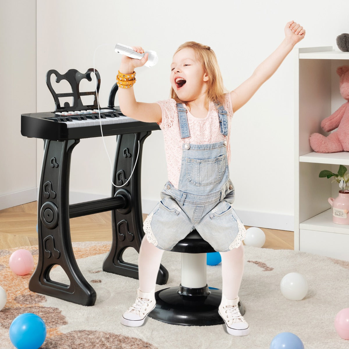 Pianoforte per bambini a 37 tasti con microfono regolabile e leggio rimovibile, Strumento musicale elettronico Nero-Tastiere elettriche