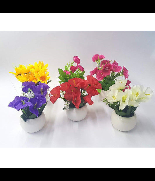 Pianta Fiori Finti Colorati Vaso Tondo Bianco Ceramica Decorazione Artificiali         