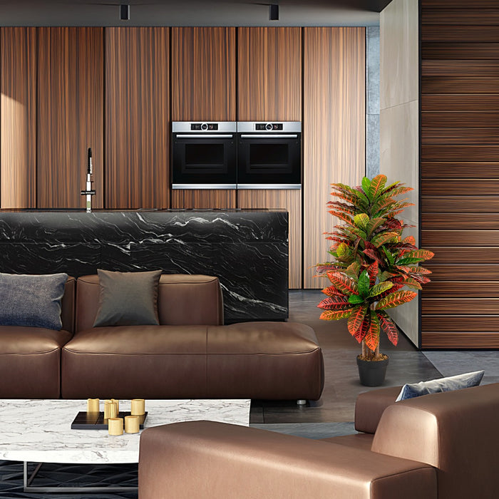 Pianta artificiale di croton 100cm con foglie variopinte tronco naturale in legno, Albero di croton finto per casa-Piante artificiali