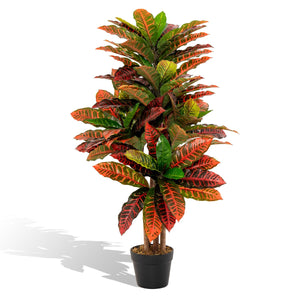 Pianta artificiale di croton 100cm con foglie variopinte tronco naturale in legno, Albero di croton finto per casa-Piante artificiali