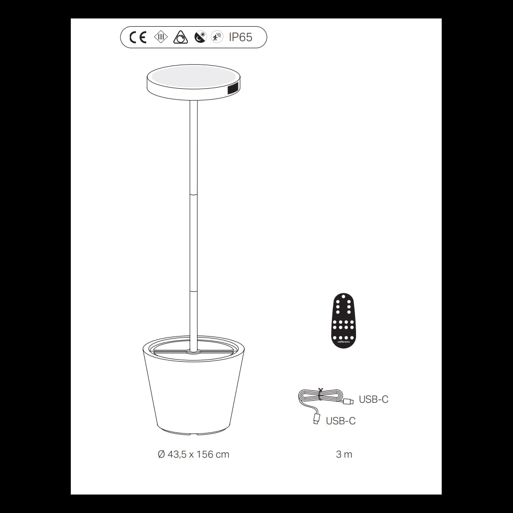 Poldina Reverso Solar L Nera - Lampada a led da terra solare e ricaricabile 11,7W - Piantana da esterno e interno H.156cm