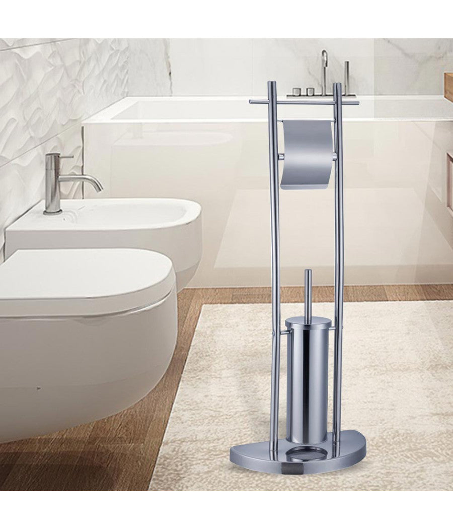 Piantana Bagno Portarotolo Portascopino Acciaio Cromato Da Terra Wc Altezza 84cm         