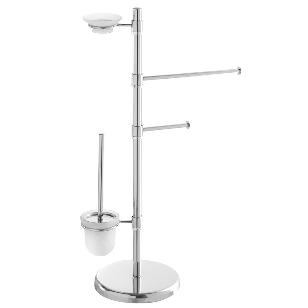 Piantana bagno salvaspazio cromo con porta asciugamani, scopino e sapone