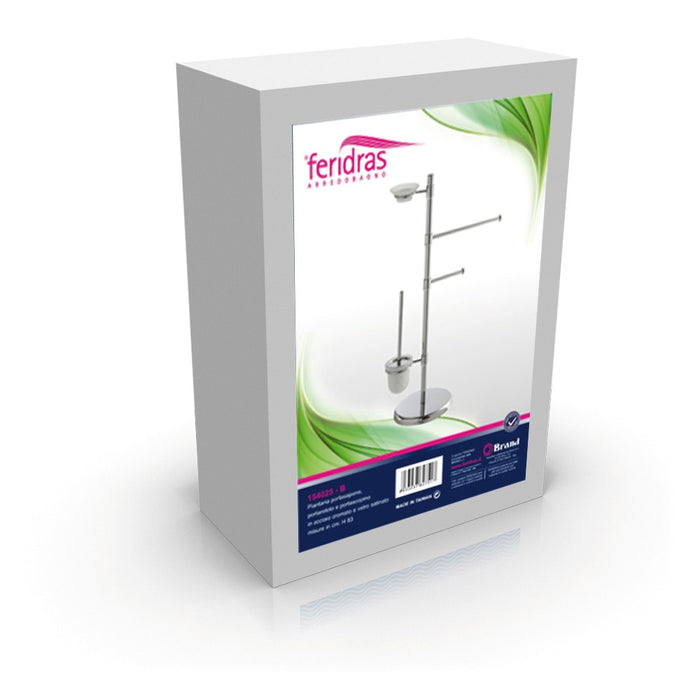 Piantana bagno salvaspazio cromo con porta asciugamani, scopino e sapone