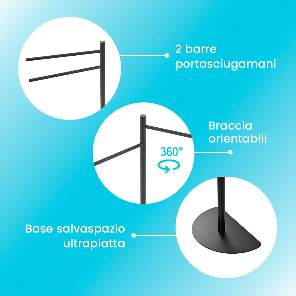 Piantana portasciugamani salvaspazio nero opaco braccia orientabili