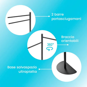 Piantana portasciugamani salvaspazio nero opaco braccia orientabili
