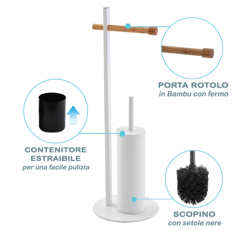 Piantana Portascopino e Porta Rotolo Bianca in Legno di Bambù