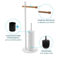 Piantana Portascopino e Porta Rotolo Bianca in Legno di Bambù