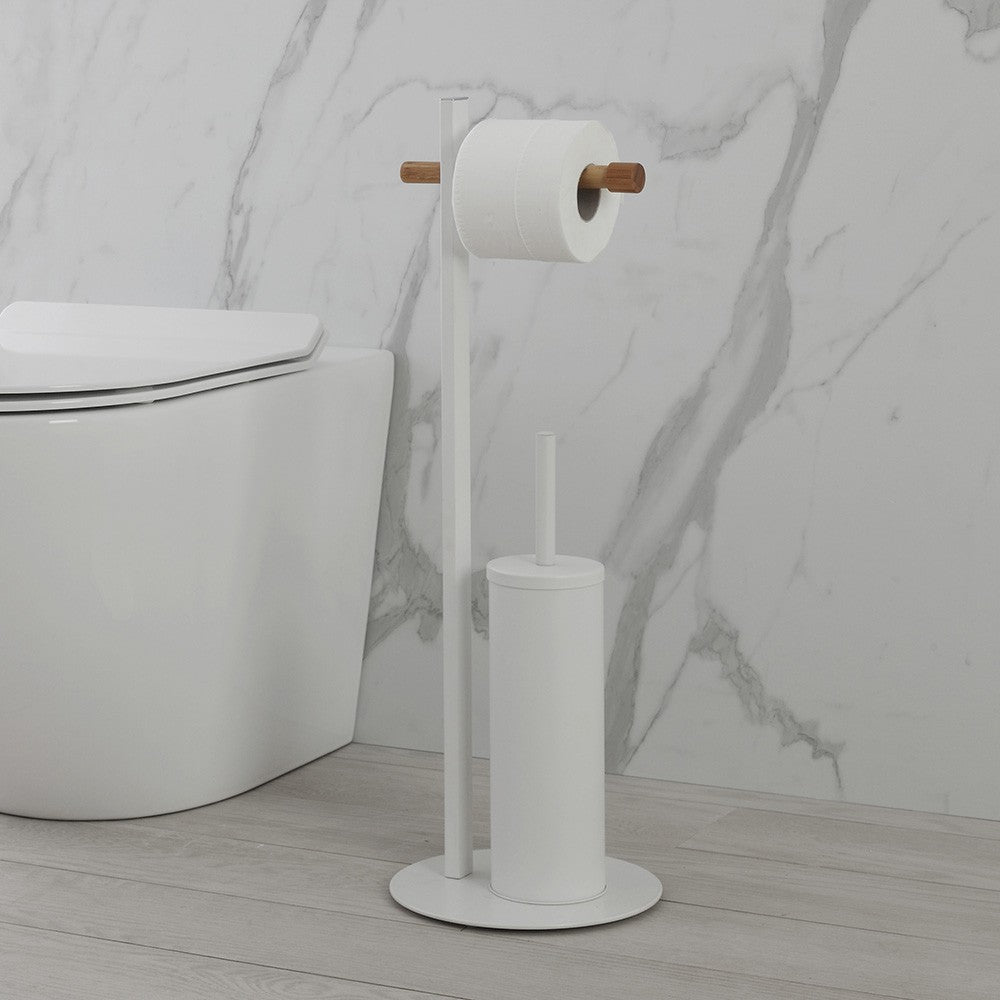 Piantana Portascopino e Porta Rotolo Bianca in Legno di Bambù