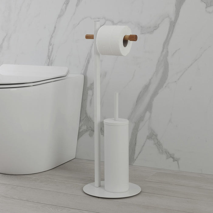 Piantana Portascopino e Porta Rotolo Bianca in Legno di Bambù