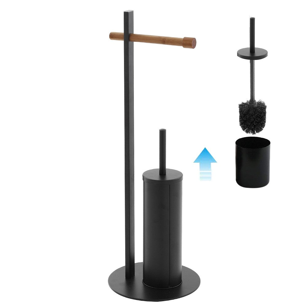 Piantana Portascopino e Portarotolo Nera  e Legno di Bambù