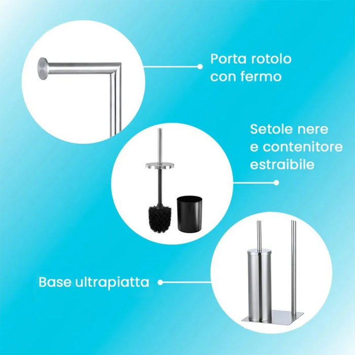 Piantana wc in acciaio satinato con portarotolo e portascopino