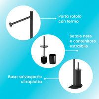 Piantana wc salvaspazio nero opaco con portarotolo e portascopino