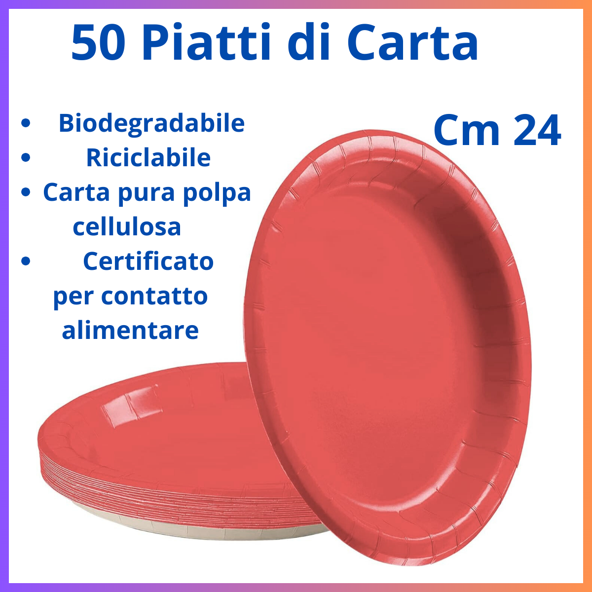 50 Piatti di carta colorati rosso grande piatto biodegradabili cm 24 dessert festa party laurea natale compleanno cena casa bar