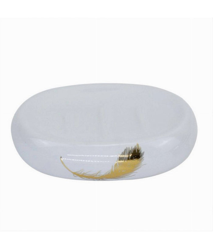 Piattino Per Sapone In Ceramica Bianca Con Piuma Oro Portasaponetta Bagno 59896         