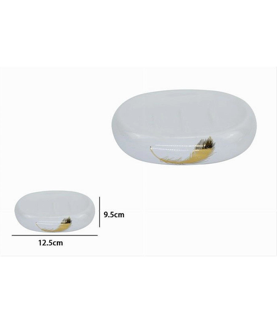 Piattino Per Sapone In Ceramica Bianca Con Piuma Oro Portasaponetta Bagno 59896         
