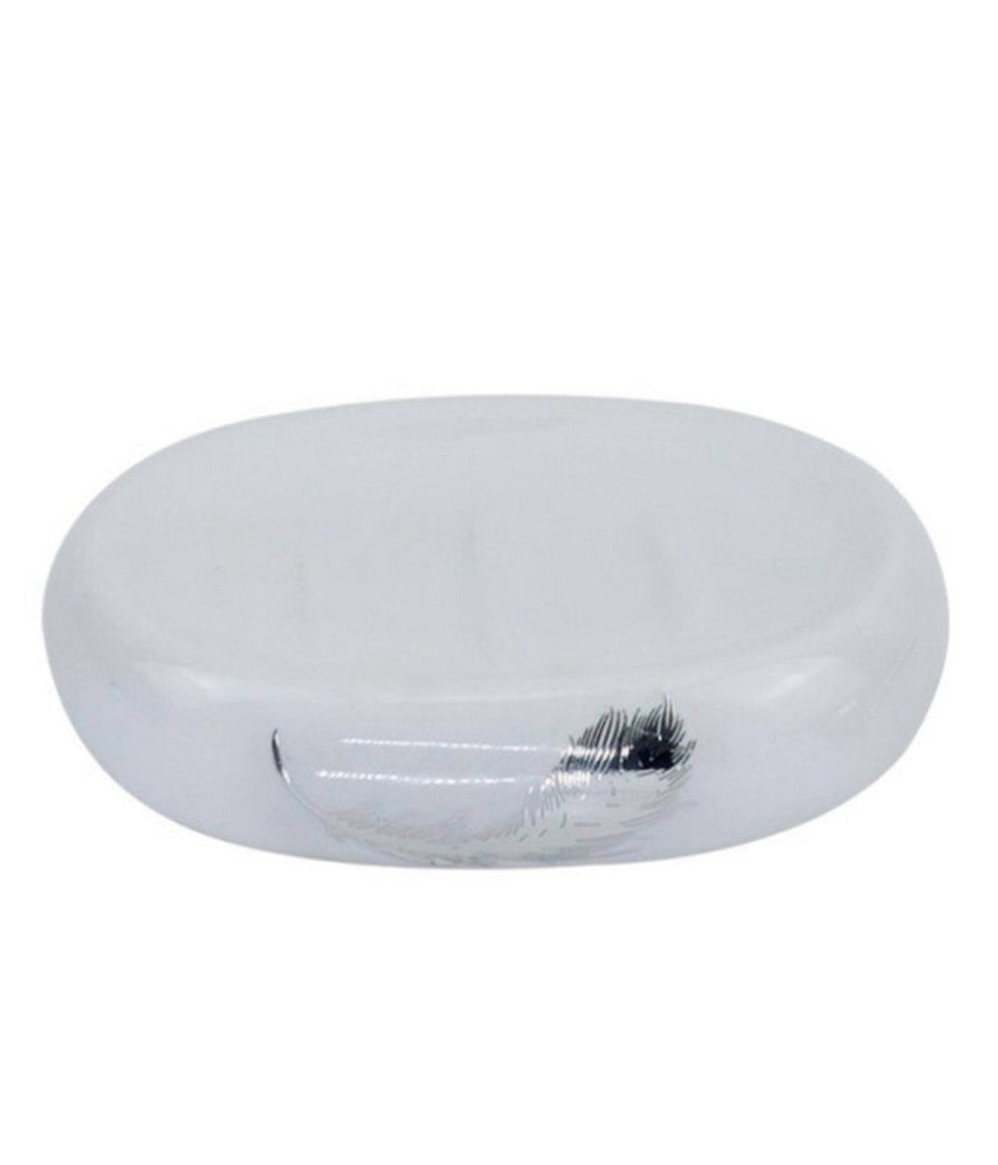 Piattino Per Sapone Saponetta Ceramica Bianca Decorato Piuma Argento Bagno 59900         