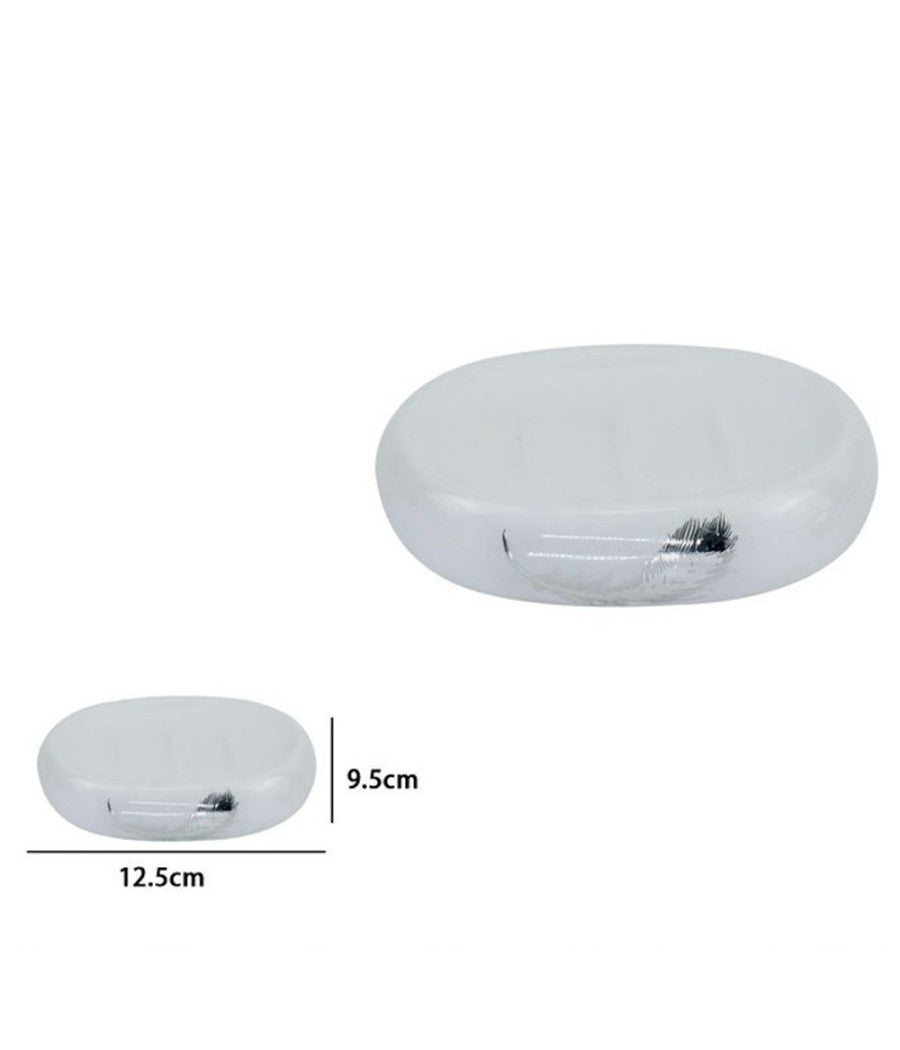Piattino Per Sapone Saponetta Ceramica Bianca Decorato Piuma Argento Bagno 59900         