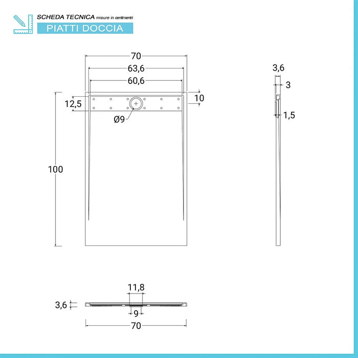 Piatto doccia 70x100 bianco pietra in resina riducibile con canalina Argo