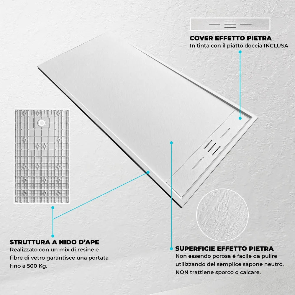 Piatto doccia 70x100 bianco pietra in resina riducibile con canalina Argo