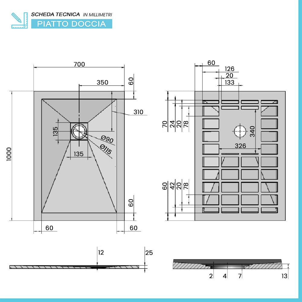 Piatto doccia 70x100 filo pavimento Karen in resina bianco pietra