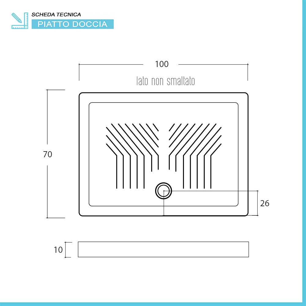 Piatto doccia 70x100 H 10 rettangolare in ceramica bianca con antiscivolo Holy