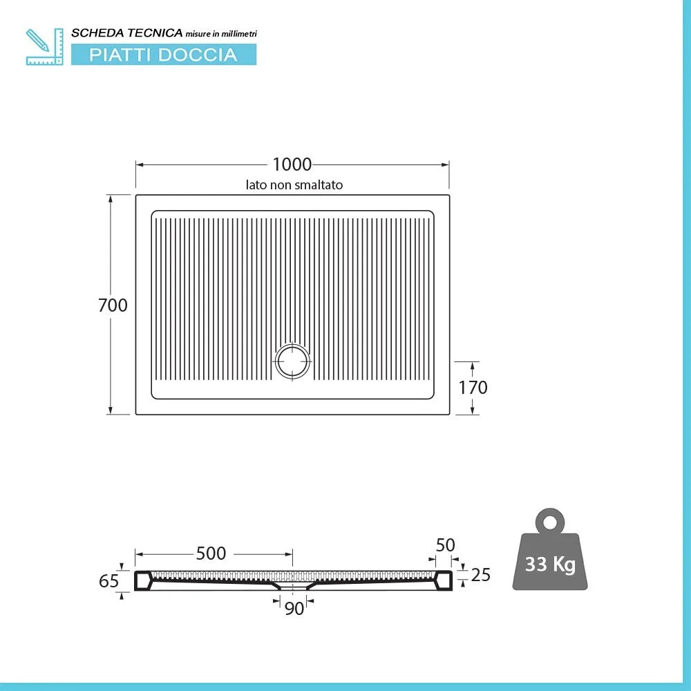 Piatto doccia 70x100 H 6.5 rettangolare in ceramica bianca con antiscivolo Ferdy