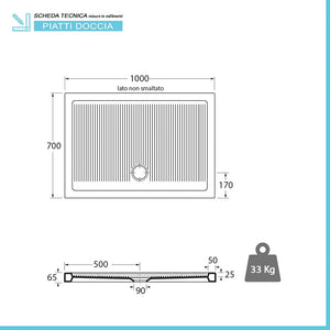 Piatto doccia 70x100 H 6.5 rettangolare in ceramica bianca con antiscivolo Ferdy