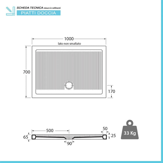 Piatto doccia 70x100 H 6.5 rettangolare in ceramica bianca con antiscivolo Ferdy
