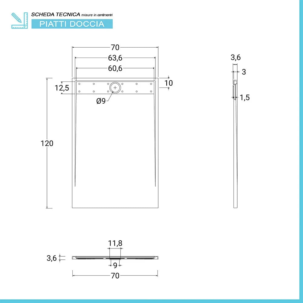 Piatto doccia 70x120 bianco pietra in resina riducibile con canalina Argo