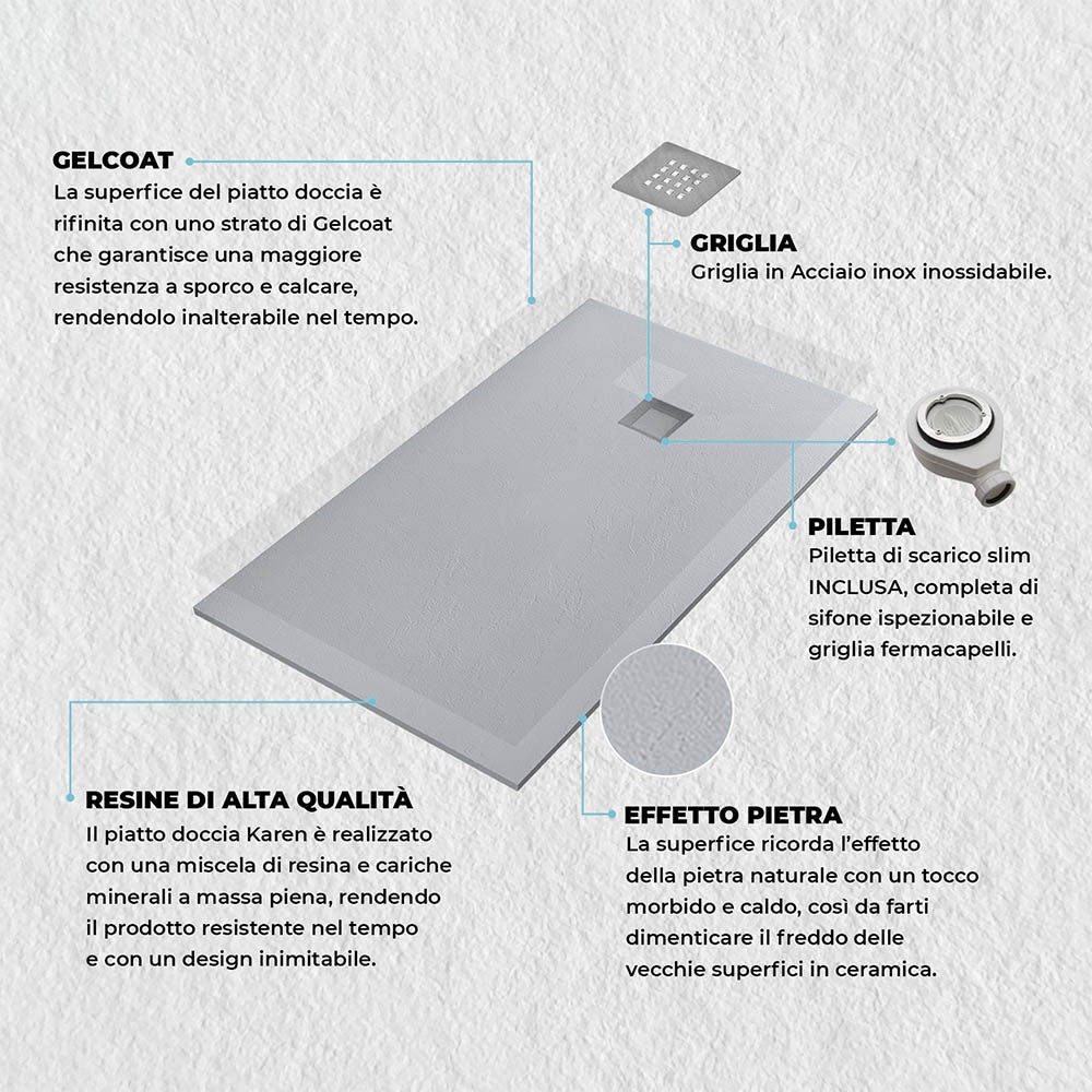 Piatto doccia 70x120 cm grigio effetto pietra in resina riducibile Karen