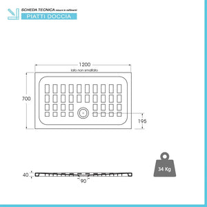 Piatto doccia 70x120 H 4 rettangolare in ceramica bianca con antiscivolo Cube