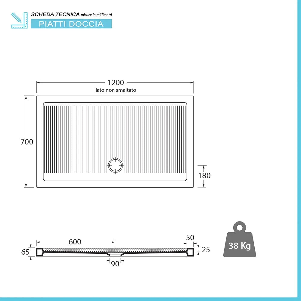 Piatto doccia 70x120 H 6.5 rettangolare in ceramica bianca con antiscivolo Ferdy
